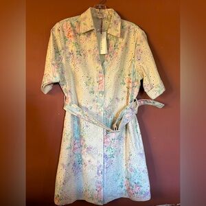 NWT Solitaire Floral Eyelet Belted Mini Shirt Dress Short Sleeve size S